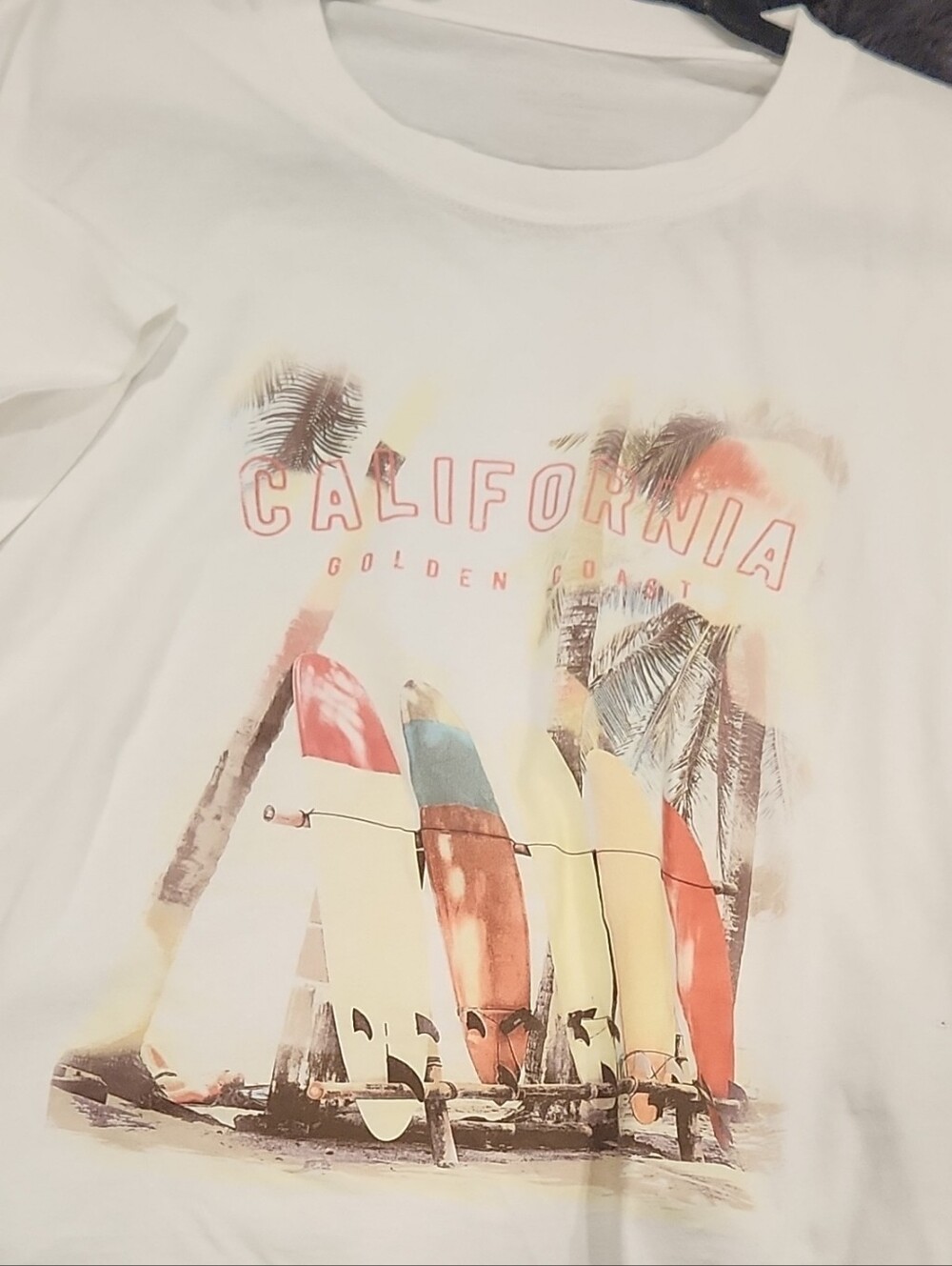 Grayson Threads White Tee with Red, Blue, Yellow & Orange Surfboard Graphic